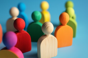 diversity and inclusion concept with wooden people figures of different color including wheelchair user