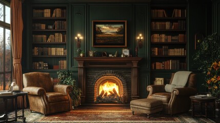 Cozy library with armchairs and fireplace in elegant study room