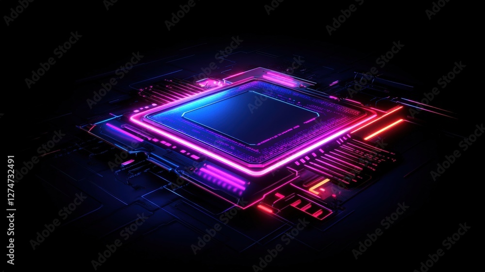 Poster a visually striking microchip illuminated with vibrant neon lights, showcasing modern technology's c