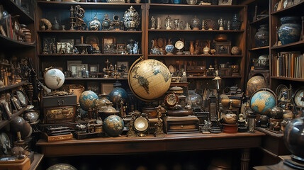 Worldly Wonders: A trove of globes and antique treasures fills a meticulously organized study, suggesting a passion for exploration and a reverence for history.