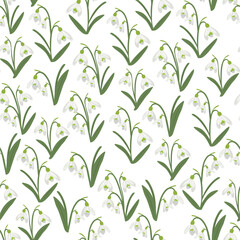 Snowdrops flower seamless pattern. Vector clipart, illustration with isolated background.