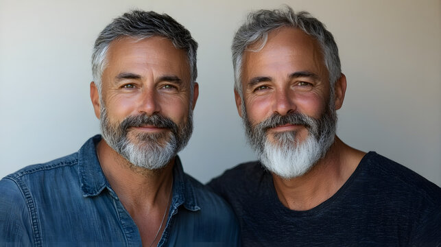 A close-up portrait of two middle-aged twin brothers with gray beards, smiling warmly at the camera