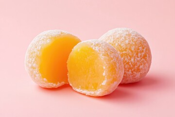 Sweet Orange Mochi: Cut and Whole, Powdered Sugar Coating on Pink Background