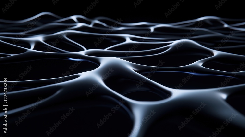Poster abstract image depicting fluid lines and waves with a glowing effect against a dark background, repr