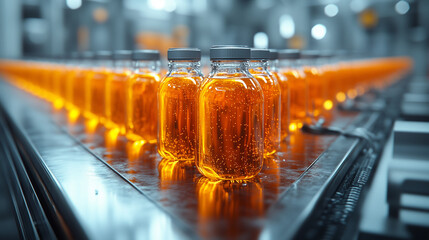 High-tech juice production line featuring filling and packaging machines, with transparent bottles reflecting crisp white light.