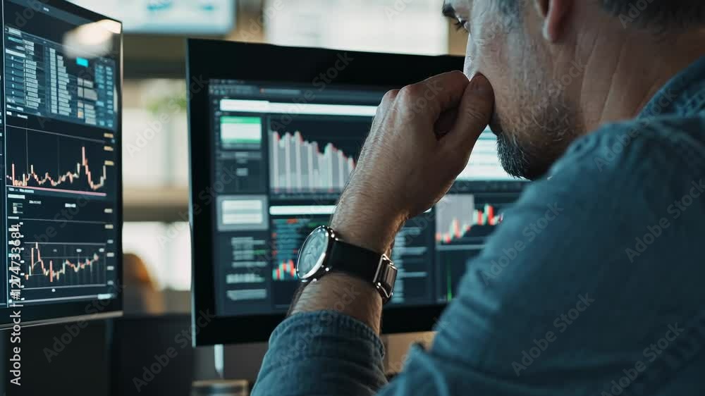 Poster concentrated businessman analyzing financial data on multiple computer screens.
