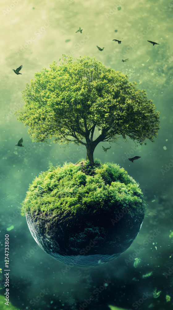 Poster surreal image of a small planet with a tree growing on top, surrounded by flying birds and a green a