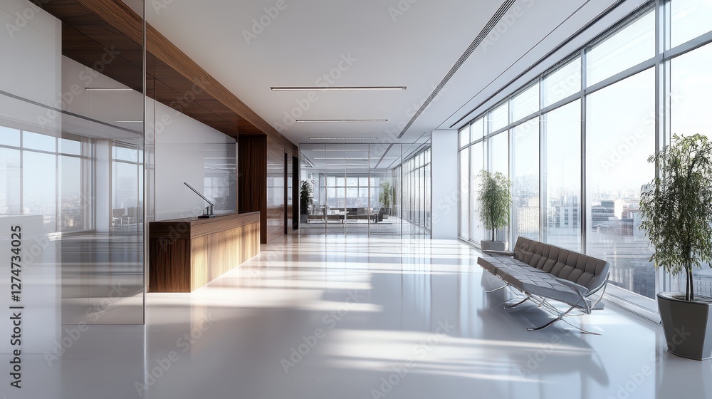 Poster modern office lobby with large windows and minimalist design featuring reception desk