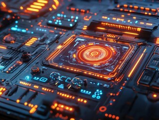 Fototapeta premium Artificial intelligence in robotics, glowing holographic control panel, sleek futuristic lab, vibrant neon lights, photorealistic