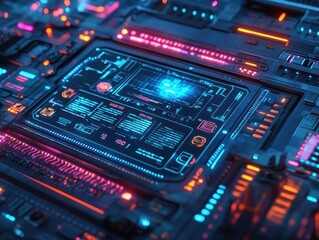 Obraz premium Artificial intelligence in robotics, glowing holographic control panel, sleek futuristic lab, vibrant neon lights, photorealistic