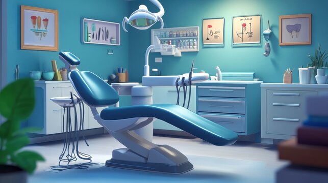 Modern dental office interior with equipment and blue walls for patient care