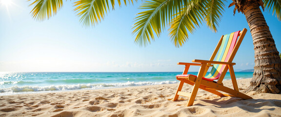 Colorful beach chair under swaying palm trees against a bright blue sky and sparkling ocean water, conveying a serene and relaxed summer vibe