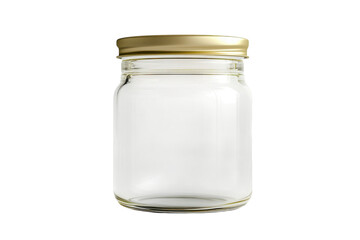 A clear glass jar with a golden lid, ready for storage and creativity in the kitchen or pantry isolated on transparent background