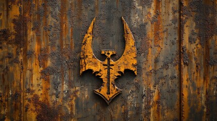 Rusted metal surface with weathered yellow tribal symbol on rough textured background