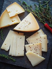 Delicious slices of brie cheese on a dark slate serving platter, ready to be enjoyed with other meats and delicacies.