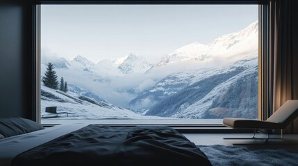 Winter Mountain View from Cozy Bedroom: Snow-Covered Peaks and Modern Interior