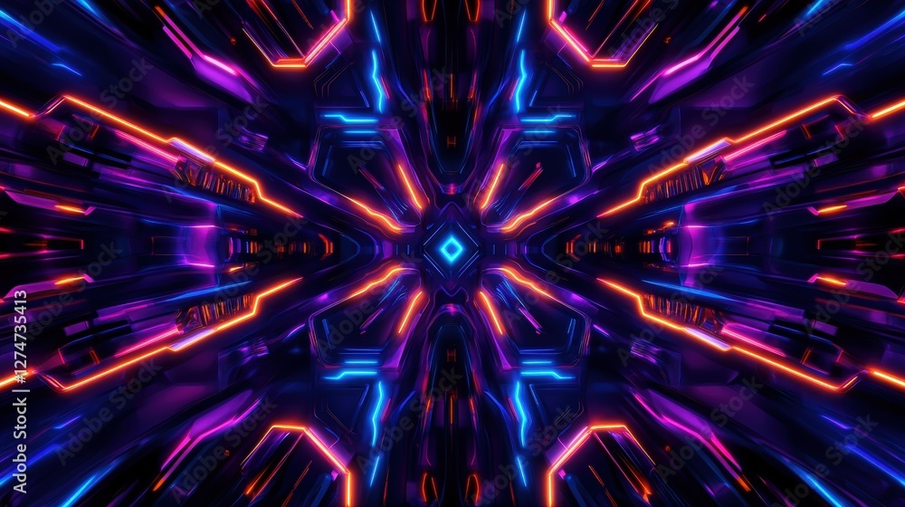 Poster an abstract digital background featuring vibrant neon colors. the symmetrical design creates a sense