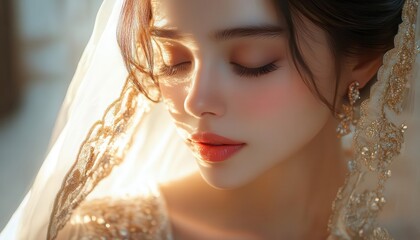 Bridal makeup session with glowing AR product details, warm elegant setting, soft ambient lighting, photorealistic