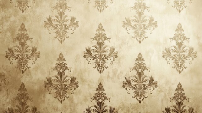 Fototapeta Vintage damask wallpaper design with ornate foliage pattern in gold and beige tones