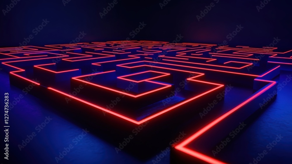 Poster an abstract representation of a maze illuminated by vibrant red neon lights against a dark backgroun