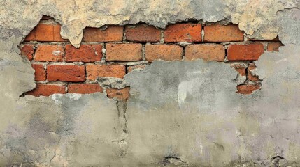 Weathered brick wall texture with exposed red bricks and rough plaster