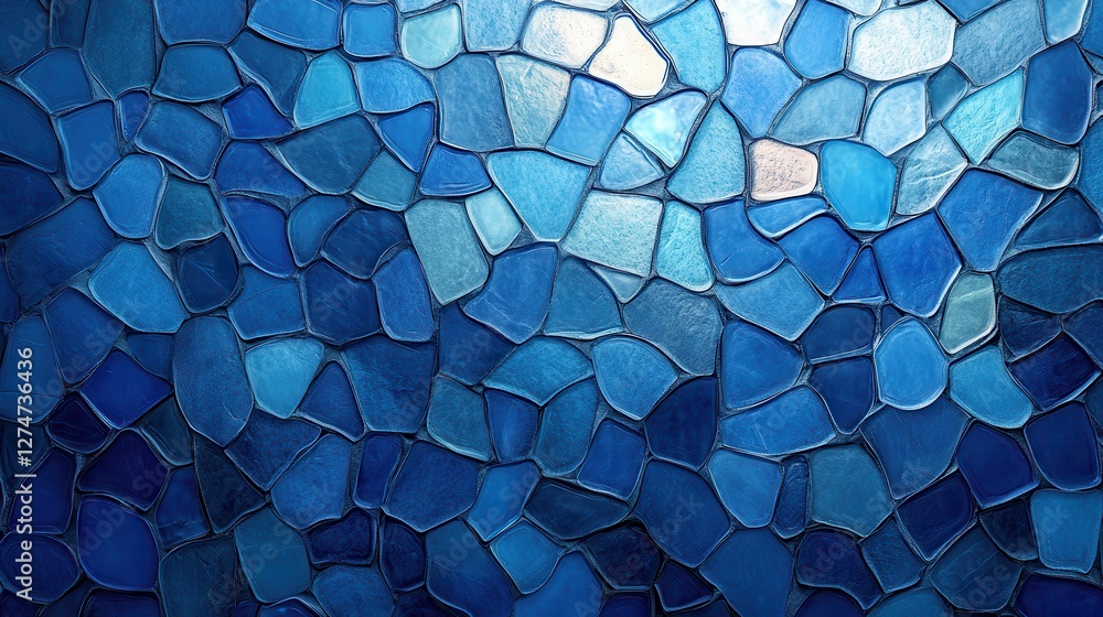 Poster mosaic of blue stained glass tiles with sunlight reflections creating an abstract pattern