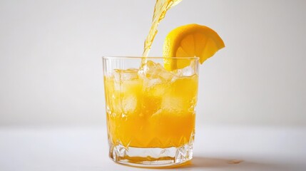 Fototapeta premium Refreshing citrus drink being poured into a glass with ice and a lemon slice on the rim