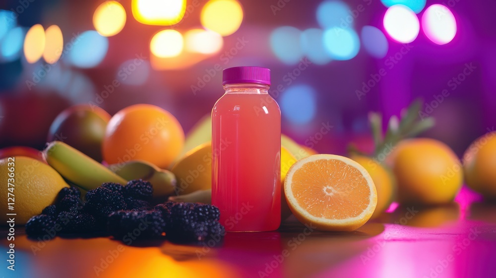 Poster vibrant juice bottle surrounded by fresh fruits on a table with colorful bokeh lights in the backgro