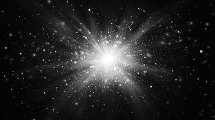 Bright white light burst in starry black sky with twinkling cosmic particles