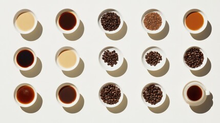 A visually appealing arrangement of various coffee types and beans on a light background