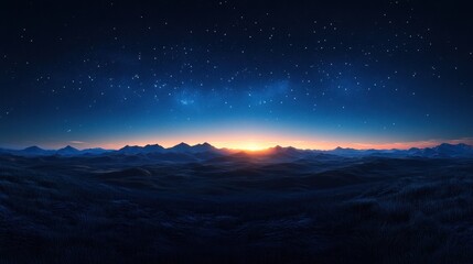 Serene starry night over mountains with bright horizon and soft grassland