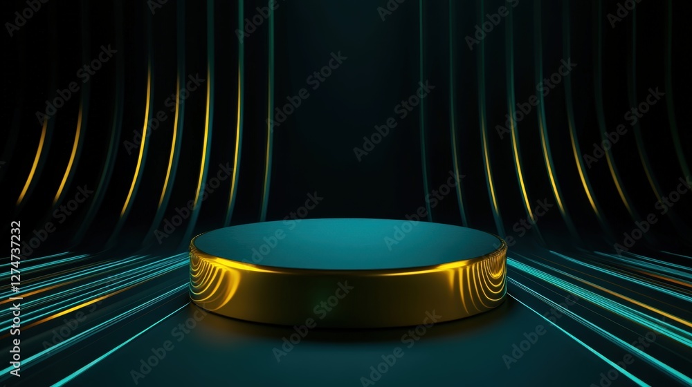 Aufkleber an abstract scene featuring a circular platform illuminated by vibrant, dynamic lighting