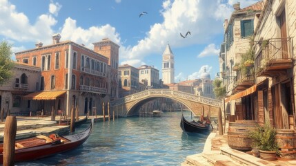 Naklejka premium Scenic canal in venetian city with boats and historic architecture under blue sky