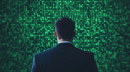 A man in a suit stands in front of a digital matrix, symbolizing data analysis, technology, and digital transformation.