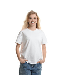 Fototapeta premium Young woman wearing blank t-shirt on white background. Mockup for design