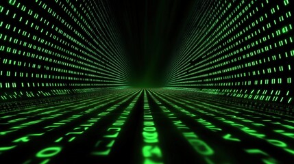 An abstract view of a digital environment showcasing green binary code cascading downwards, symbolizing data, computing, and the interconnected nature of modern technology.