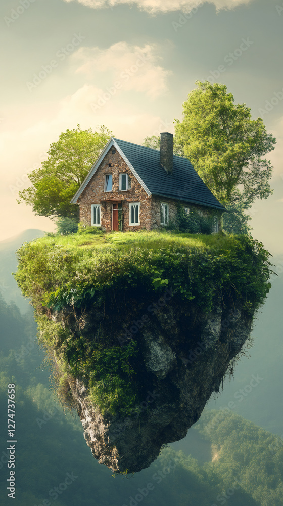 Poster surreal image of a peaceful stone house with trees growing on a floating rock island high above a gr