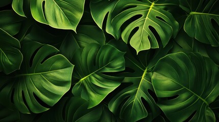Lush monstera leaves pattern with vibrant green foliage in tropical garden setting