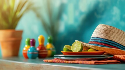 Festive cinco de mayo tabletop with mexican hat and colorful decoration for celebrations