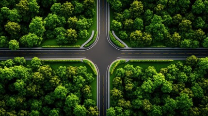 An aerial view of a four-way intersection surrounded by lush green trees, showcasing the harmony between nature and urban infrastructure. Ideal for environmental themes.