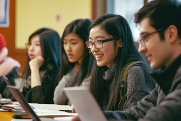 A diverse group of students in a classroom setting, engaged in discussion and learning with laptop computers.