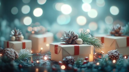 Several brightly wrapped presents arranged under a decorated Christmas tree, with soft twinkling lights illuminating the scene.