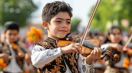 Vibrant performance by young mariachi musicians in traditional attire at cultural festival