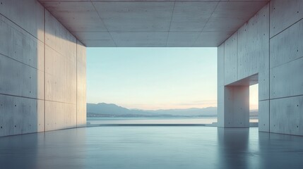 Minimalist concrete architecture with mountain and sea view at sunset