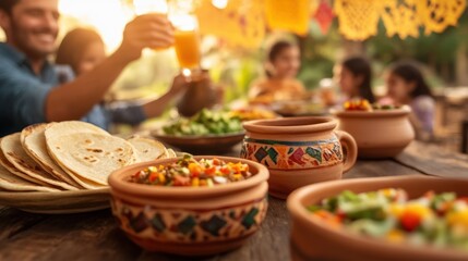 Lively multigenerational family gathering enjoying outdoor fiesta with traditional mexican cuisine