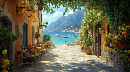 Quaint mediterranean coastal town alley with seaside view and outdoor caf&eacute;