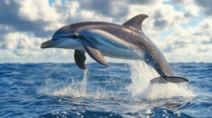 Fototapeta premium Dolphin leaping gracefully over ocean waves under a cloudy sky