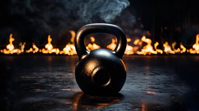 Black Kettlebell in Dynamic Setting with Flames and Smoke Effects