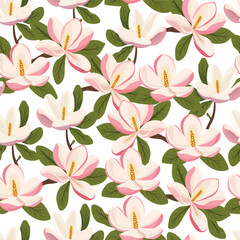 Magnolia flower seamless pattern. Vector clipart, illustration with isolated background.