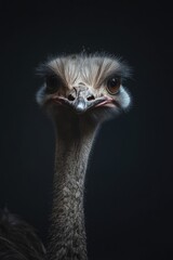 A single emu stares intently at the camera, with its tongue sticking out and pecking expression.